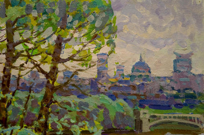 Vibrant impressionist oil painting by Ruban Grigory Savelievich: cityscape view