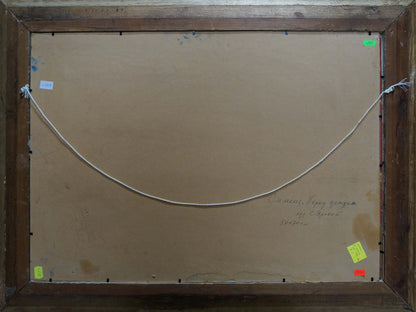 Back of Stepan Yarovoy seascape oil painting with handwritten inscription and wire