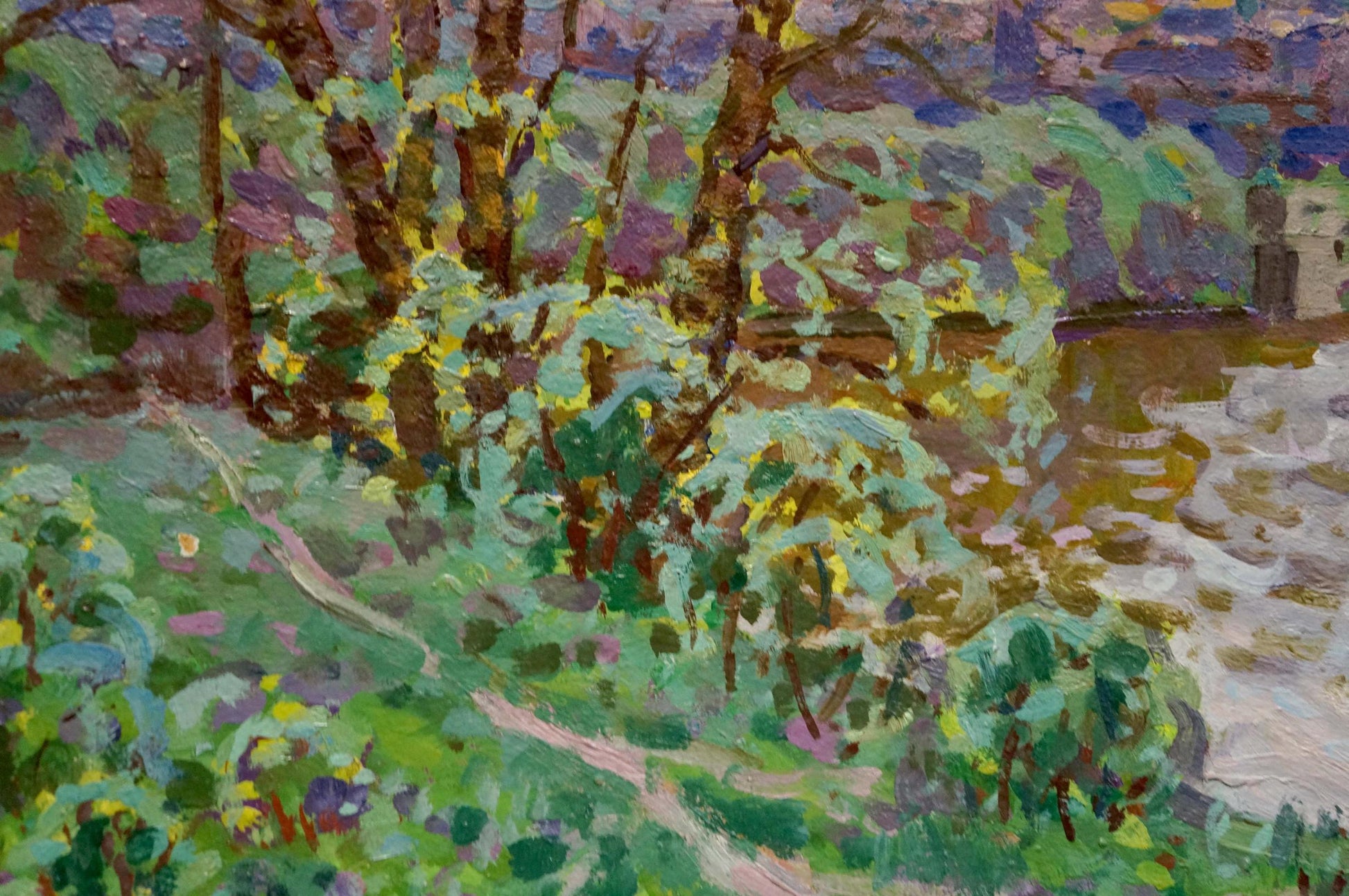Vibrant impressionist oil painting by Ruban Grigory Savelievich of wooded riverbank