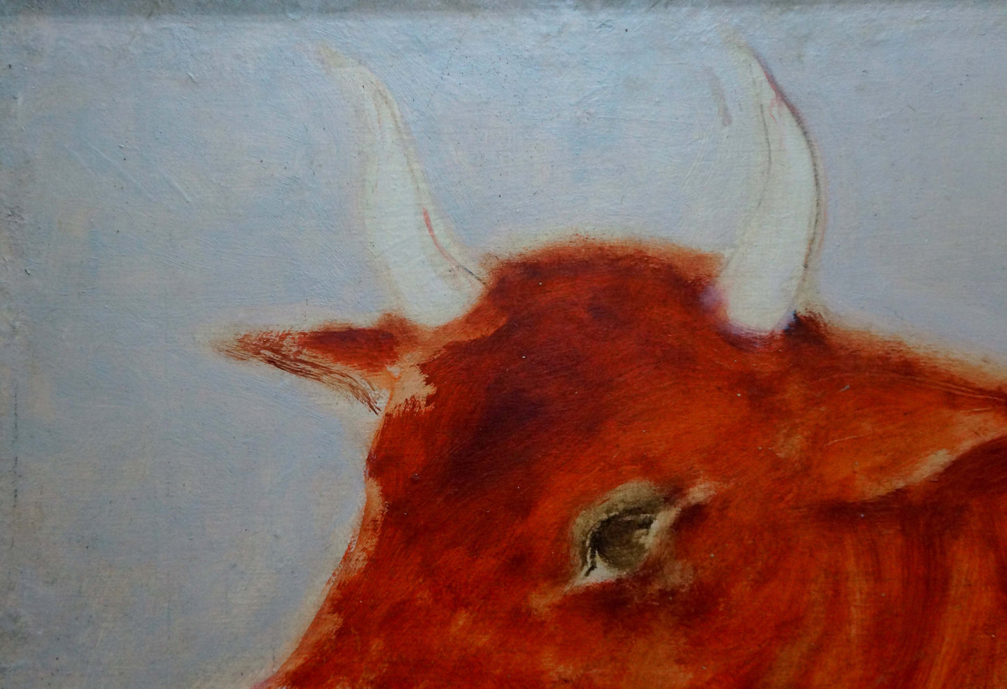 Textured oil painting of red bull head with white horns by Yuri Anatolievich Pliss