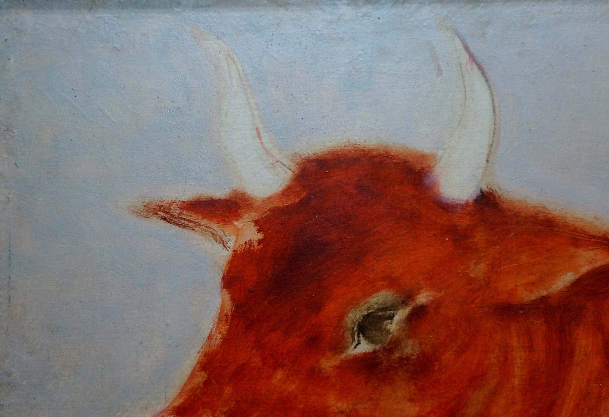 Textured oil painting of red bull head with white horns by Yuri Anatolievich Pliss
