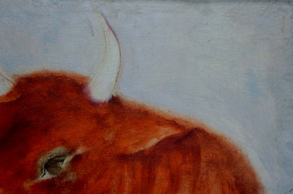 Oil painting of red cow with white horns by Yuri Anatolievich Pliss