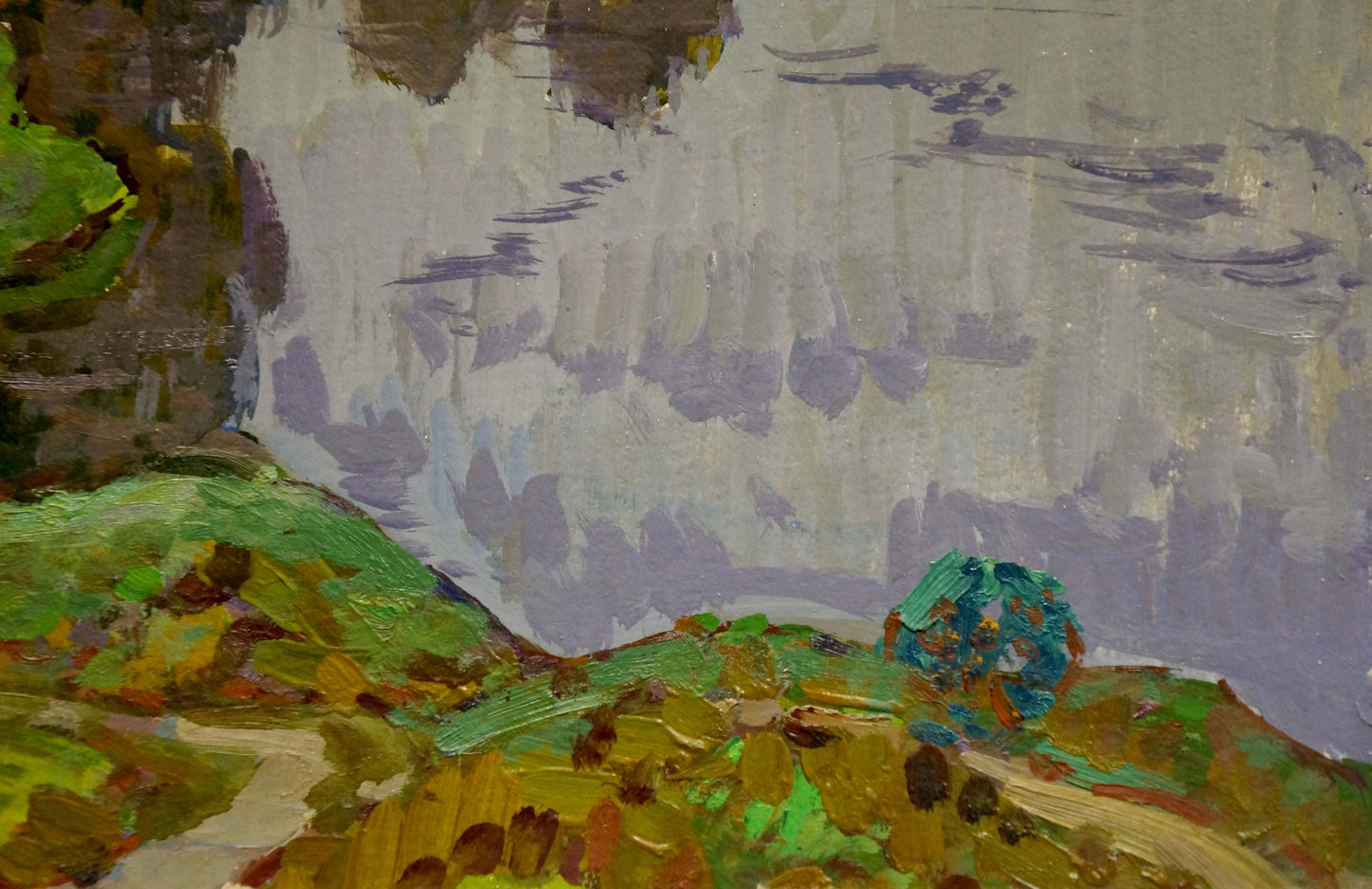 Oil painting Lake Ruban by Grigory Savelievich: white cliff over green hills