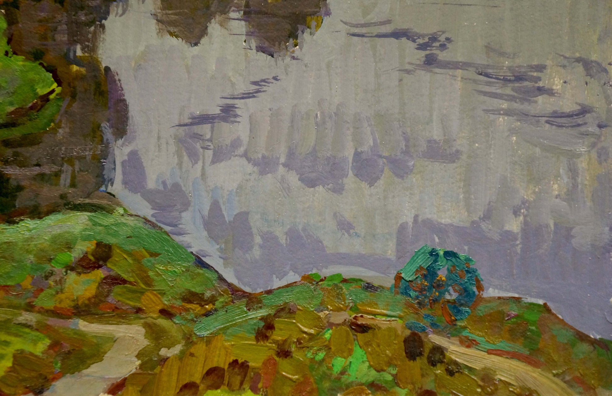 Oil painting Lake Ruban by Grigory Savelievich: white cliff over green hills