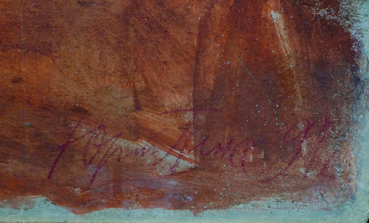 Oil painting Bull by Yuri Anatolievich Pliss, textured earthy abstract with purple signature
