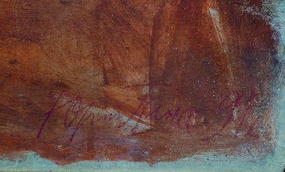 Oil painting Bull by Yuri Anatolievich Pliss, textured earthy abstract with purple signature