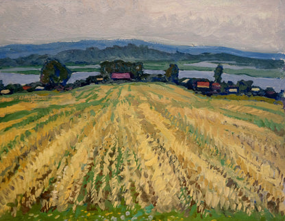 Oil painting by Ruban Grigory Savelievich: golden wheat field to hills under cloudy sky