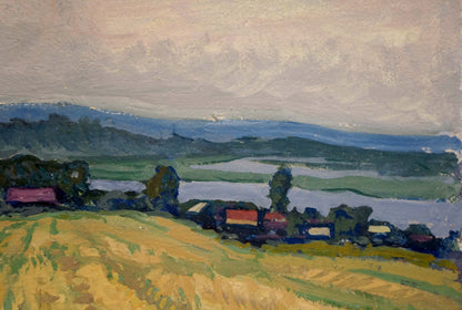 Serene impressionist oil painting by Ruban Grigory Savelievich: golden fields, hills, rustic houses