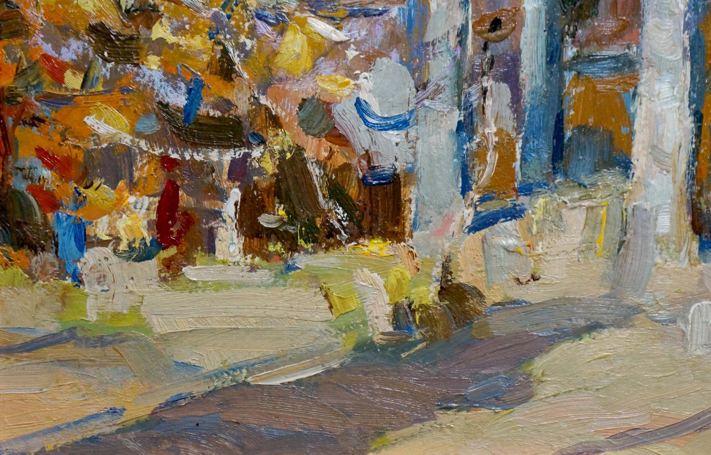 Oil painting Warm day by Yuri Popov with bold yellow orange blue strokes