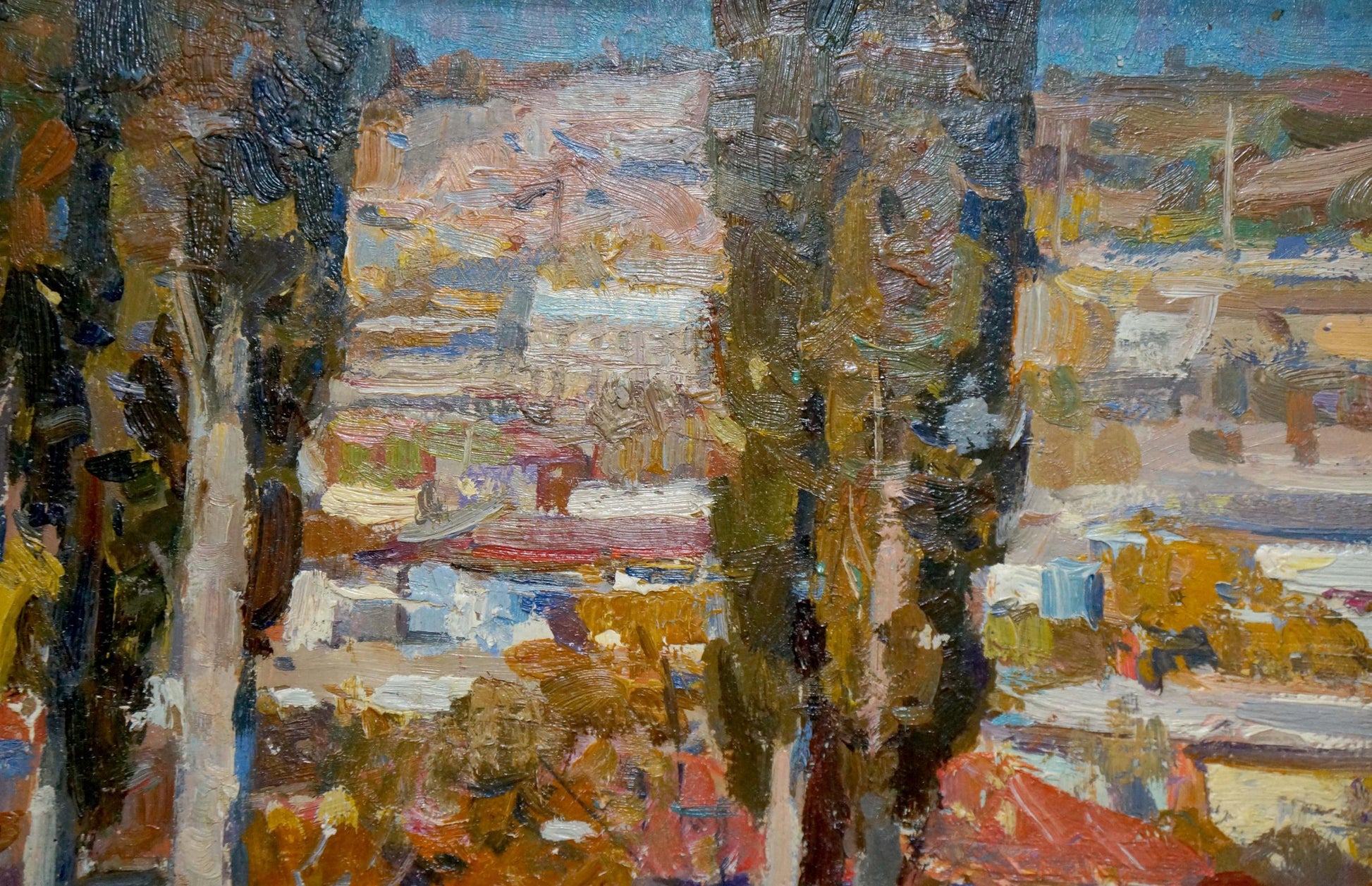 Impressionistic oil painting Warm day by Yuri Popov through textured trees