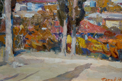 Vibrant impressionist oil painting Warm day by Yuri Popov, autumn trees in orange hues