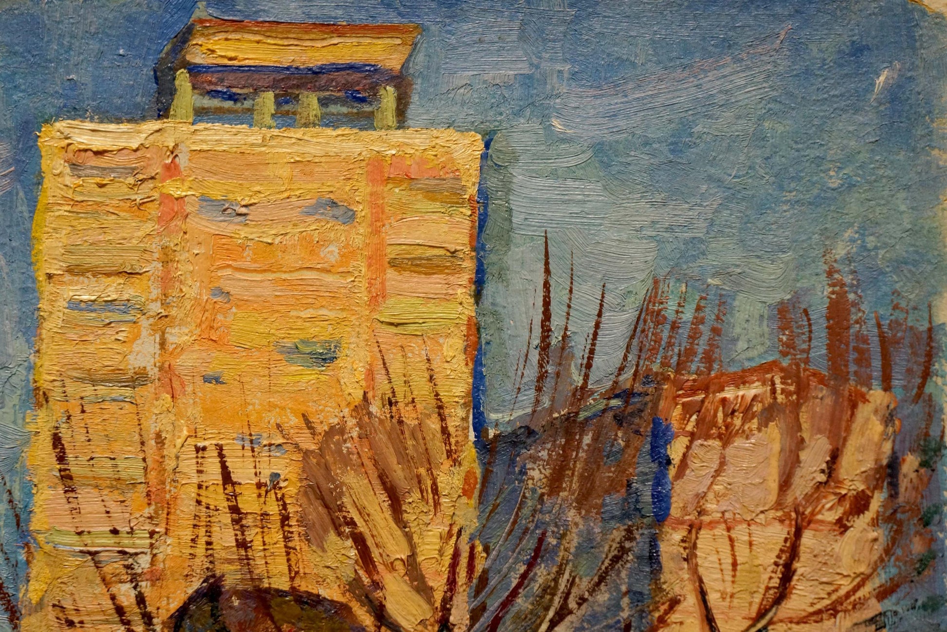 Oil painting Spring by Ruban Grigory Savelievich, ochre building blue roof sky