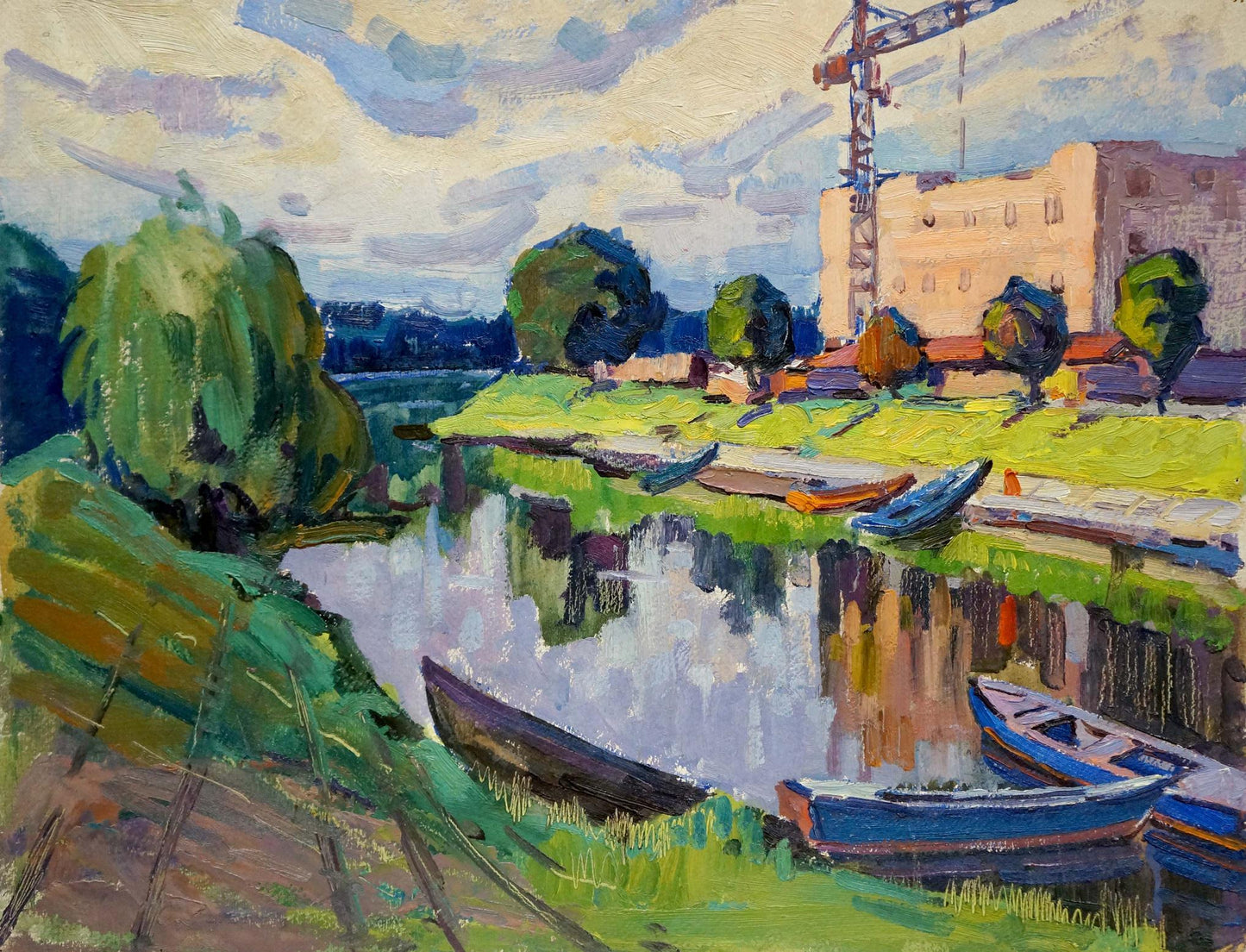 Vibrant impressionist oil painting by Ruban Grigory Savelievich: river with boats