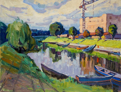 Vibrant impressionist oil painting by Ruban Grigory Savelievich: river with boats