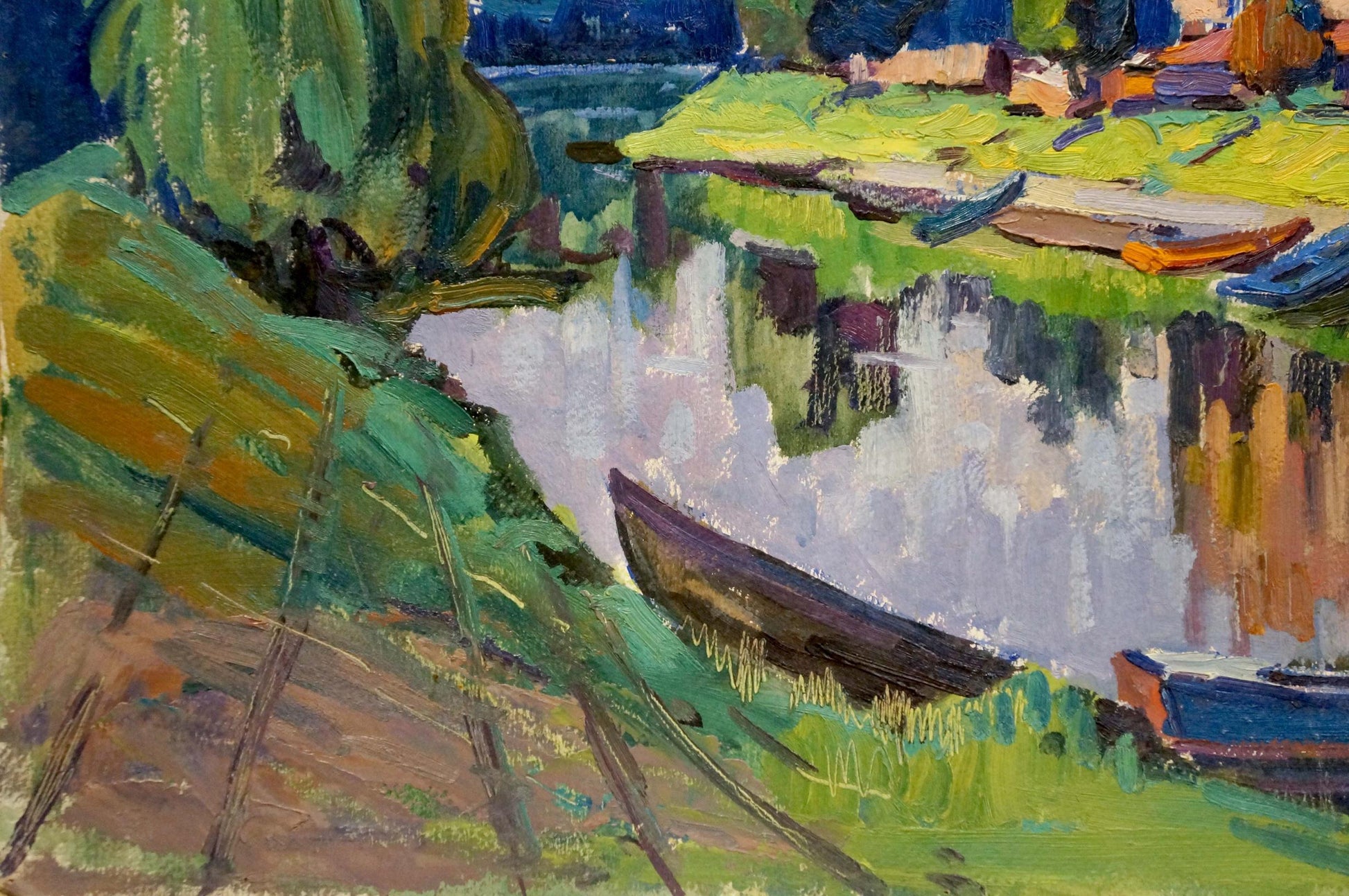 Oil painting by the river by Ruban Grigory Savelievich: rowboat on grassy bank by waterway