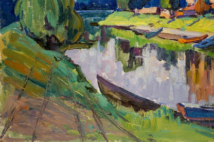 Oil painting by the river by Ruban Grigory Savelievich: rowboat on grassy bank by waterway