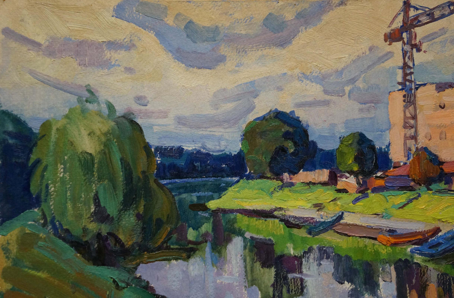 Vibrant impressionist oil painting by Ruban Grigory Savelievich: green willow, hills, crane