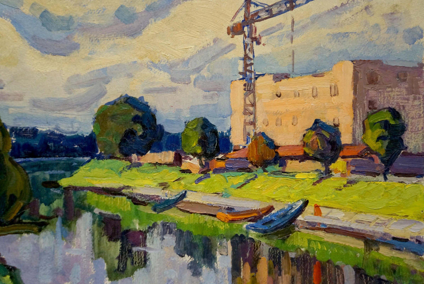 Vibrant impressionist oil painting by Ruban Grigory Savelievich: riverside with boats