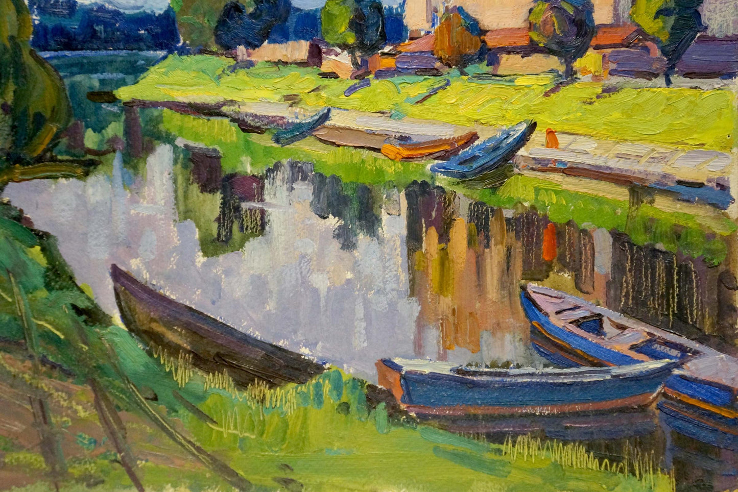 Oil painting by Ruban Grigory Savelievich: blue rowboat on grassy bank by calm water