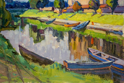 Oil painting by Ruban Grigory Savelievich: blue rowboat on grassy bank by calm water