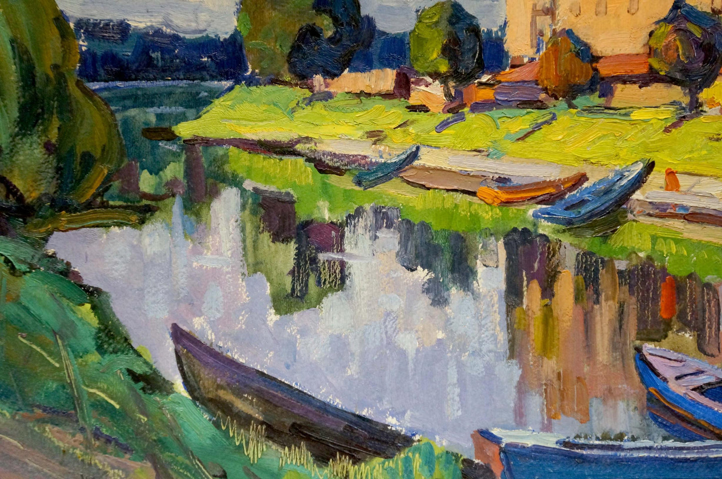 Vibrant impressionist oil painting by Ruban Grigory Savelievich: boats on reflective riverbank