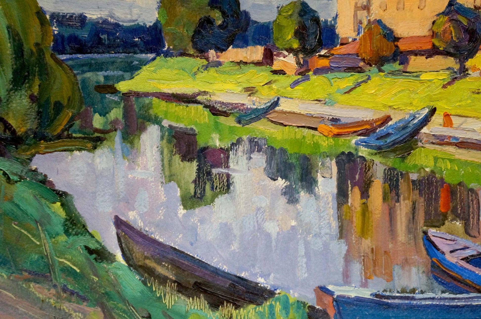 Vibrant impressionist oil painting by Ruban Grigory Savelievich: boats on reflective riverbank