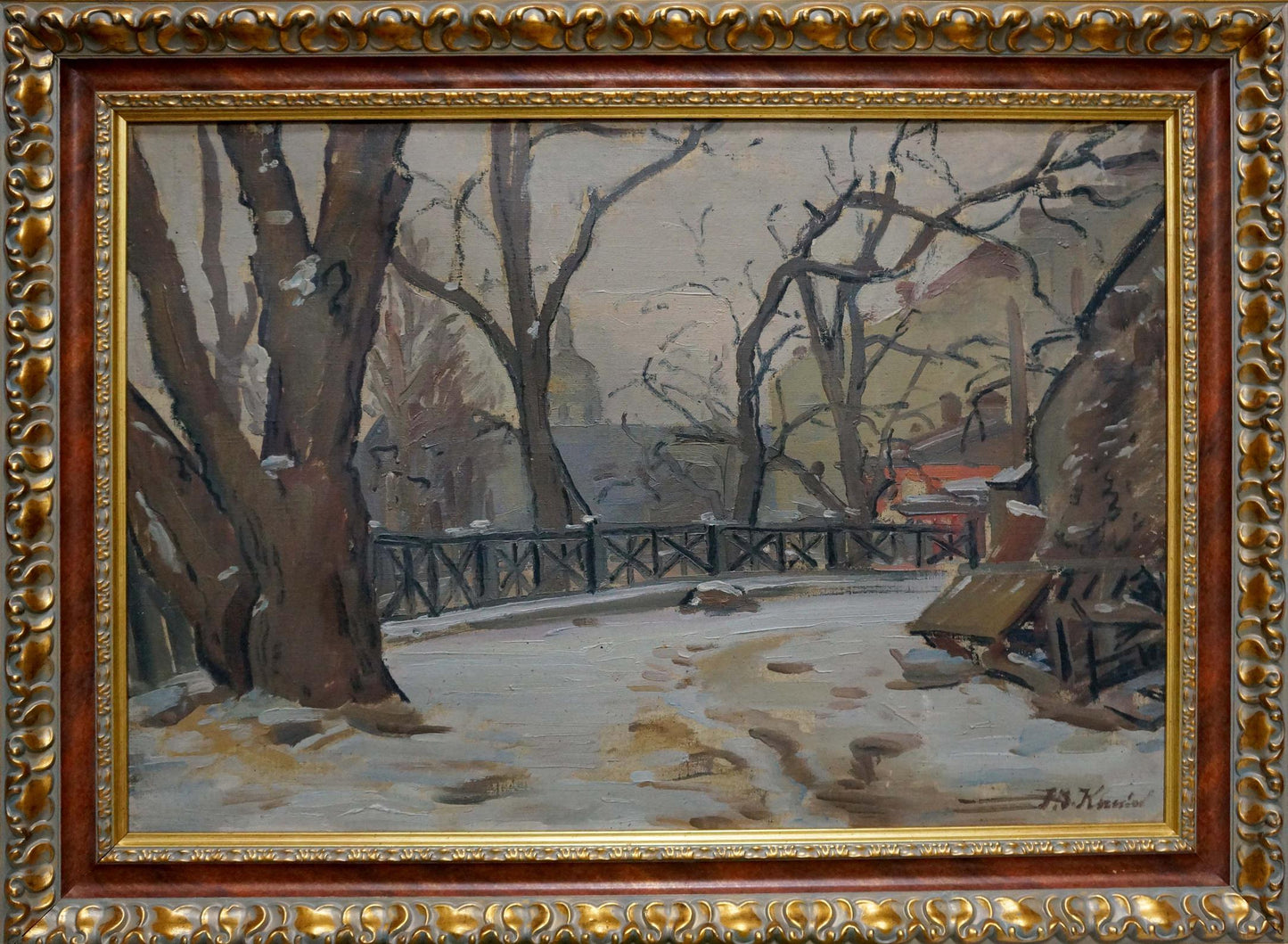 Framed oil painting Road to the Park by Kisel Ivan Gordeevich, winter landscape
