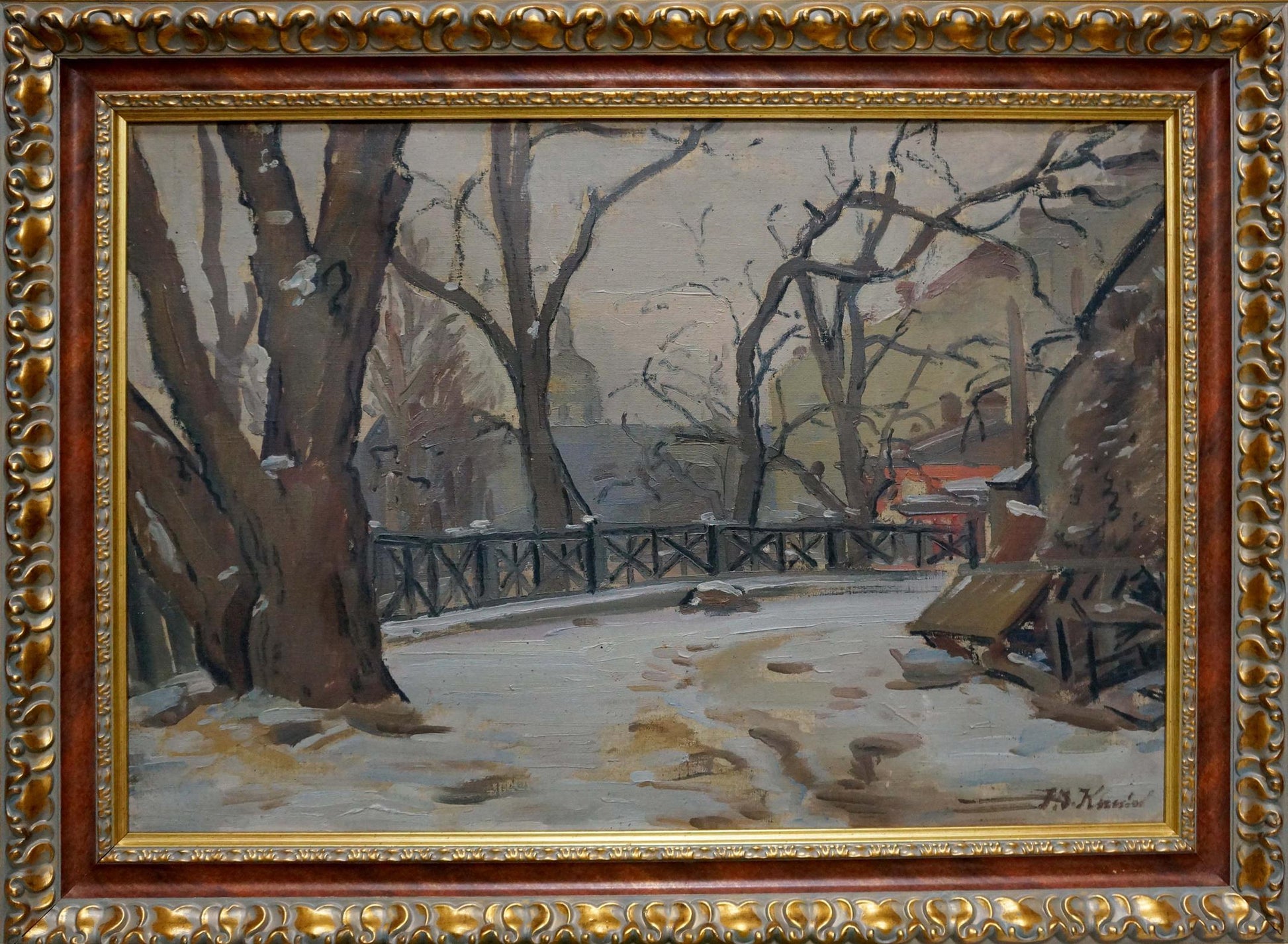 Framed oil painting Road to the Park by Kisel Ivan Gordeevich, winter landscape