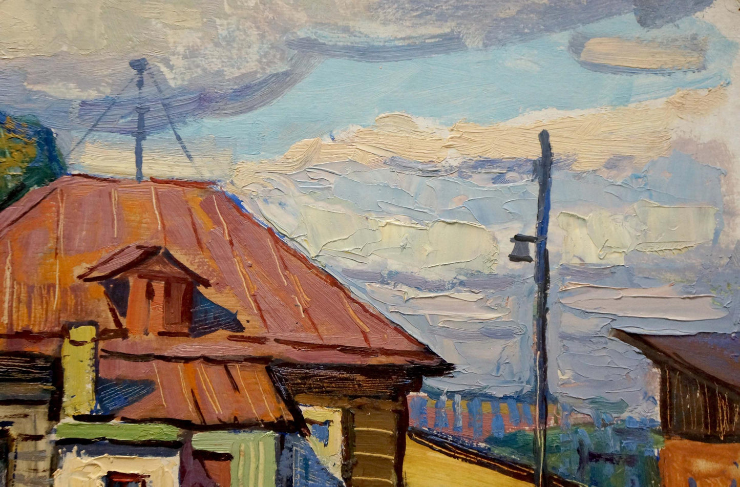 Oil painting of rustic red-tiled roof with dormer by Ruban Grigory Savelievich