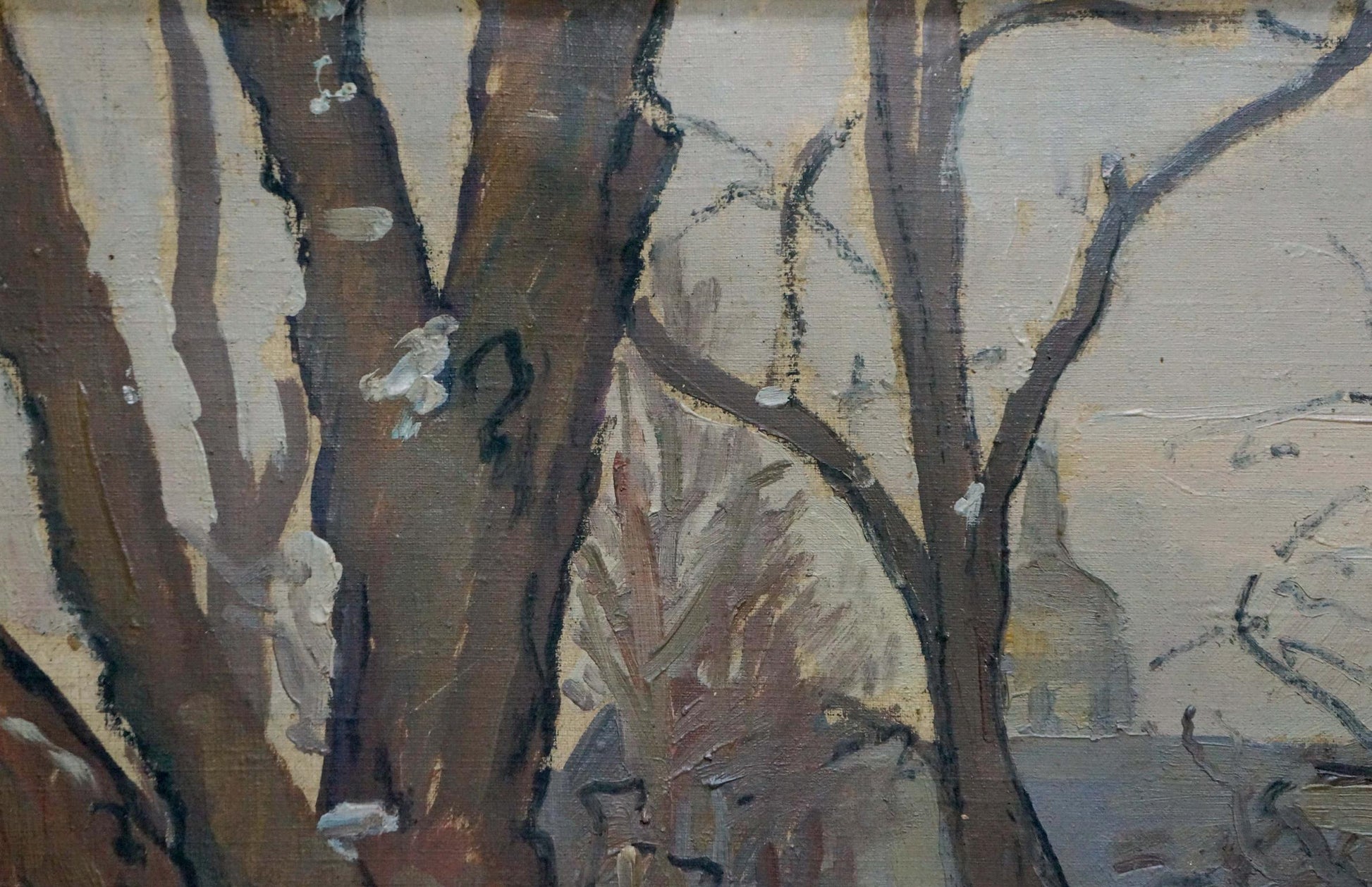 Impressionistic oil painting of bare tree trunks in Road to the park by Kisel Ivan Gordeevich