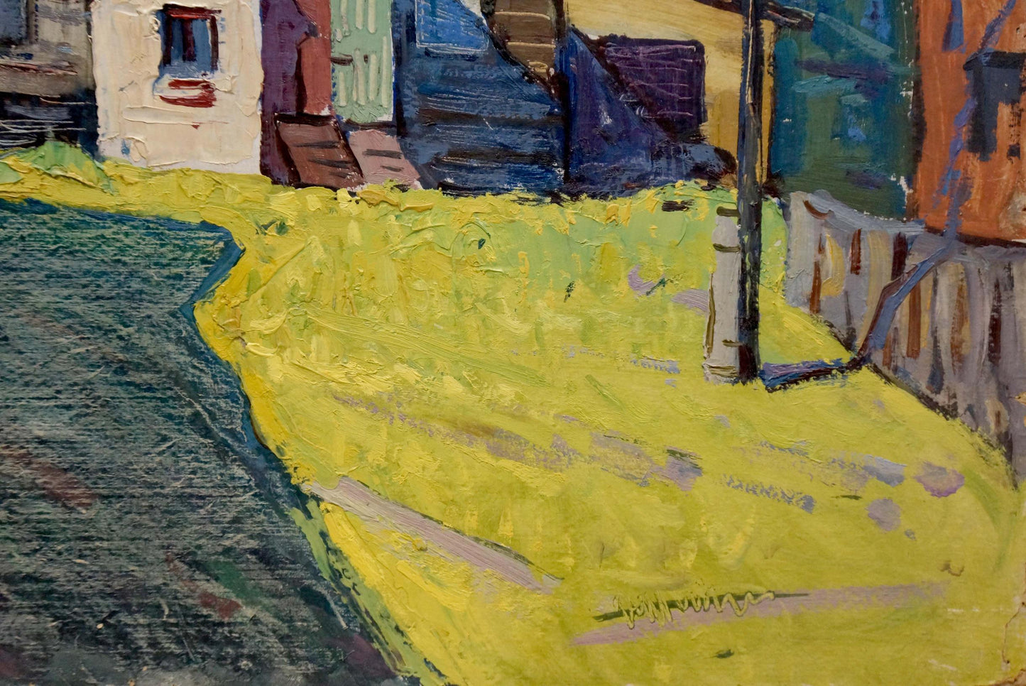 Oil painting of vibrant yellow grassy summer courtyard slope by Ruban Grigory Savelievich