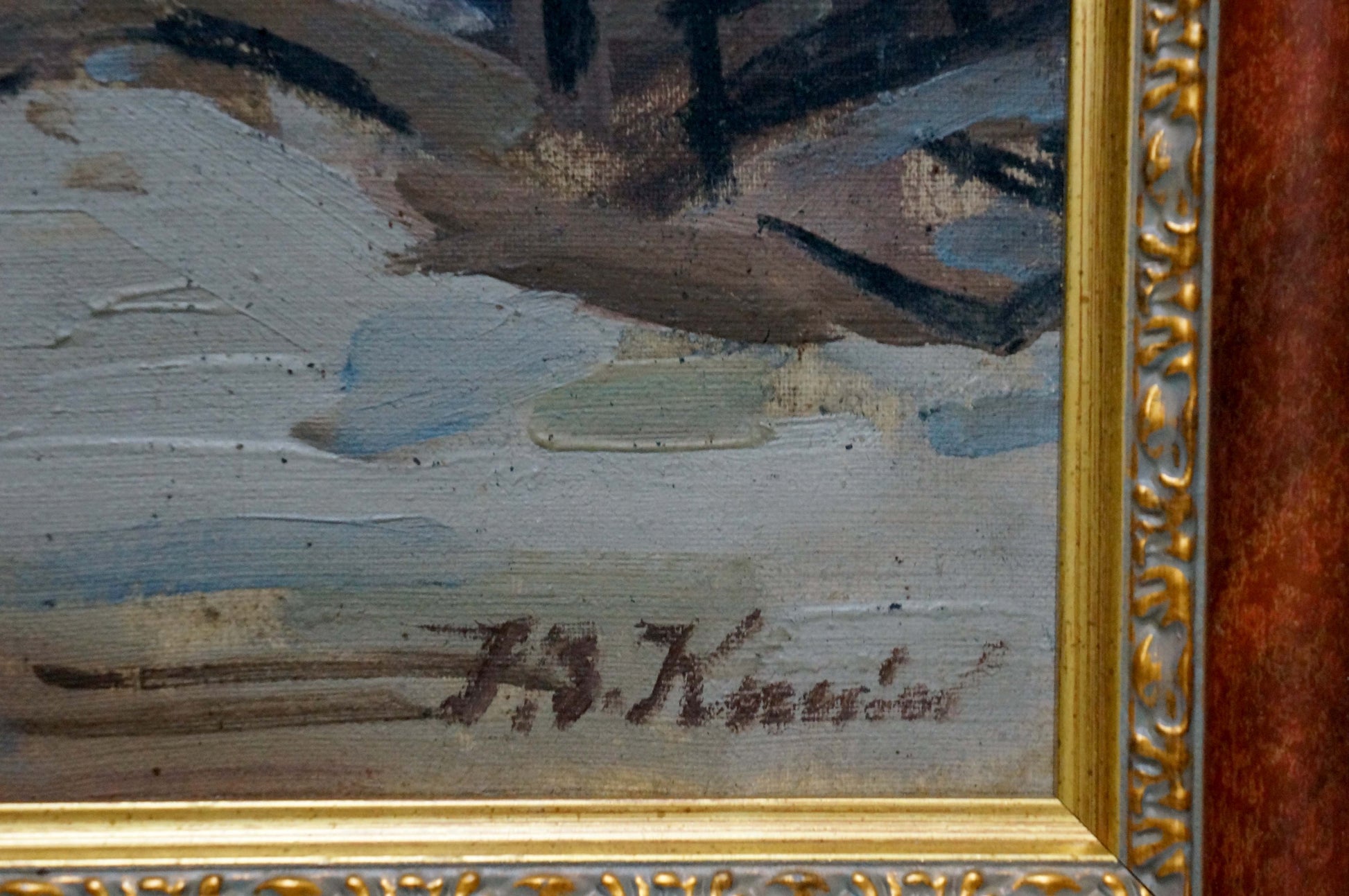 Back of gold-framed oil painting Road to the Park by Kisel Ivan Gordeevich with dark brown ink signature