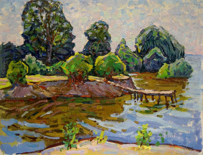 Impressionistic oil painting by Grigory Ruban of flooded forest river pier