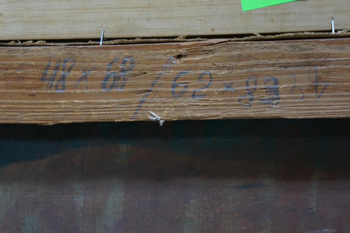 Back of Oil painting Road to the park Kisel Ivan Gordeevich: weathered wooden beam with faded blue markings