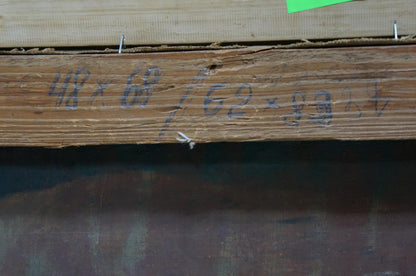 Back of Oil painting Road to the park Kisel Ivan Gordeevich: weathered wooden beam with faded blue markings
