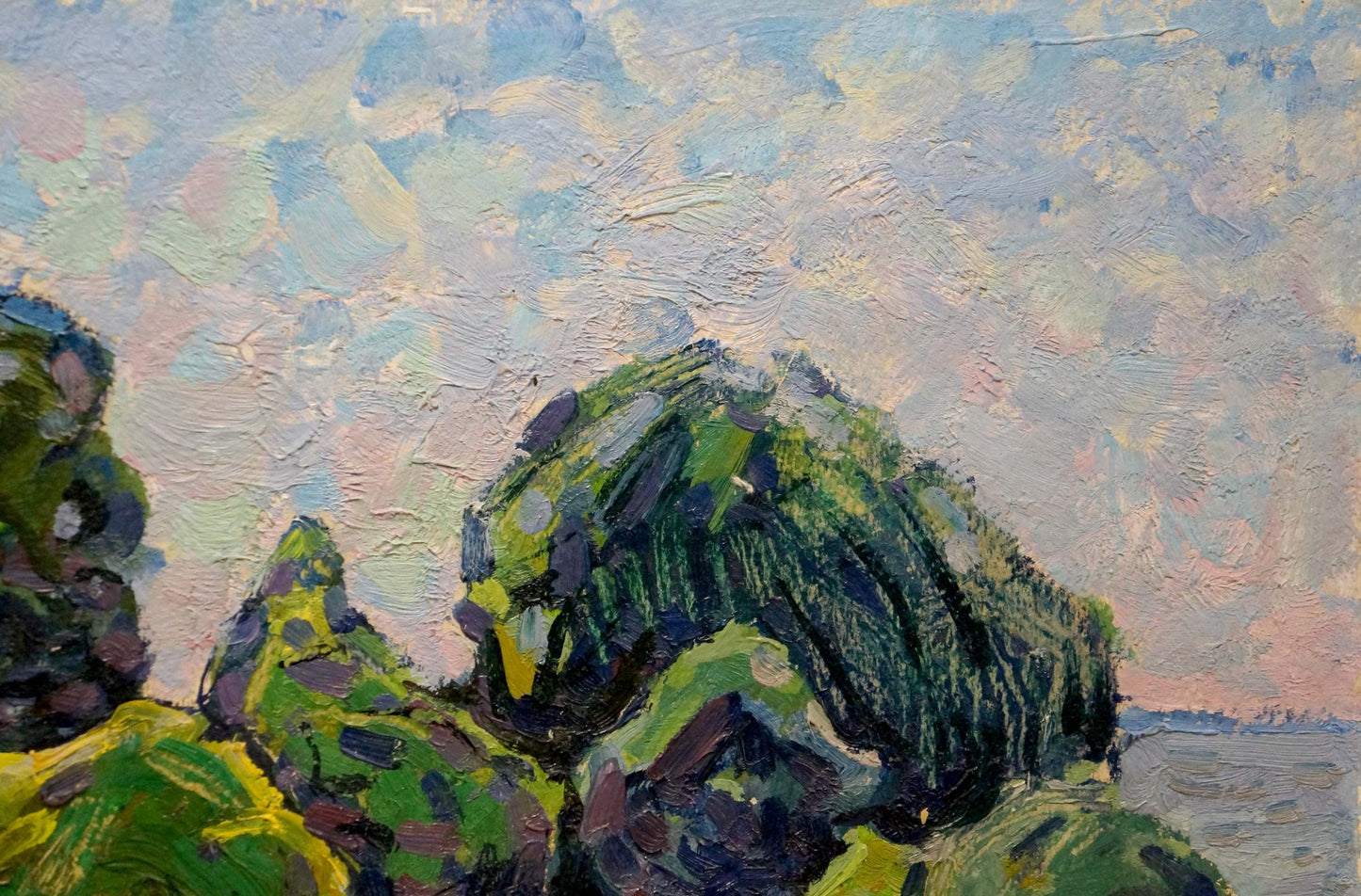Impressionistic oil painting by Grigory Ruban: river-flooded forest with rocky cliffs