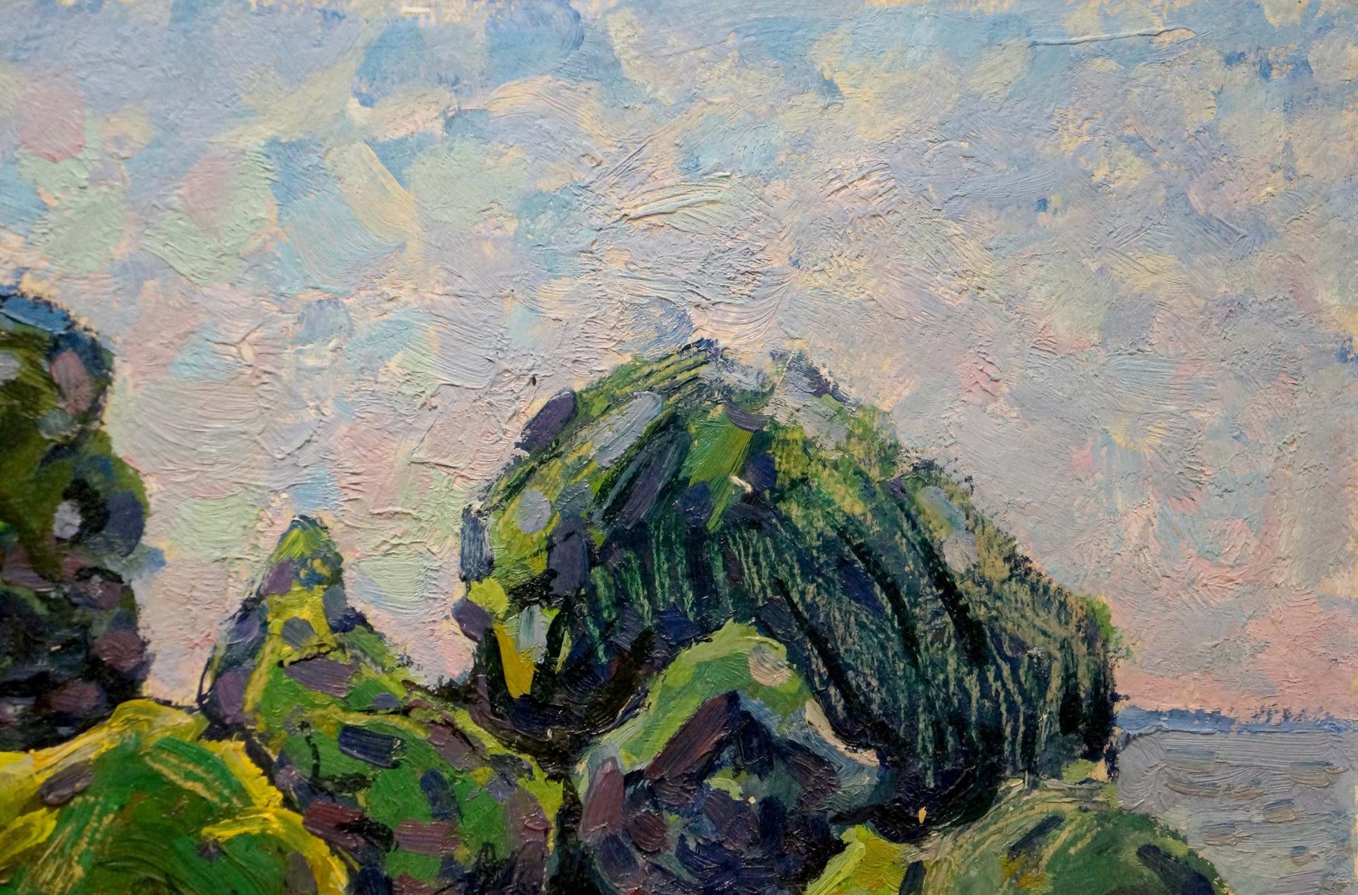 Impressionistic oil painting by Grigory Ruban: river-flooded forest with rocky cliffs