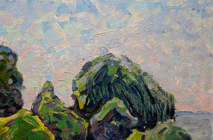 Impressionistic oil painting by Grigory Ruban: river-flooded forest with rocky cliffs