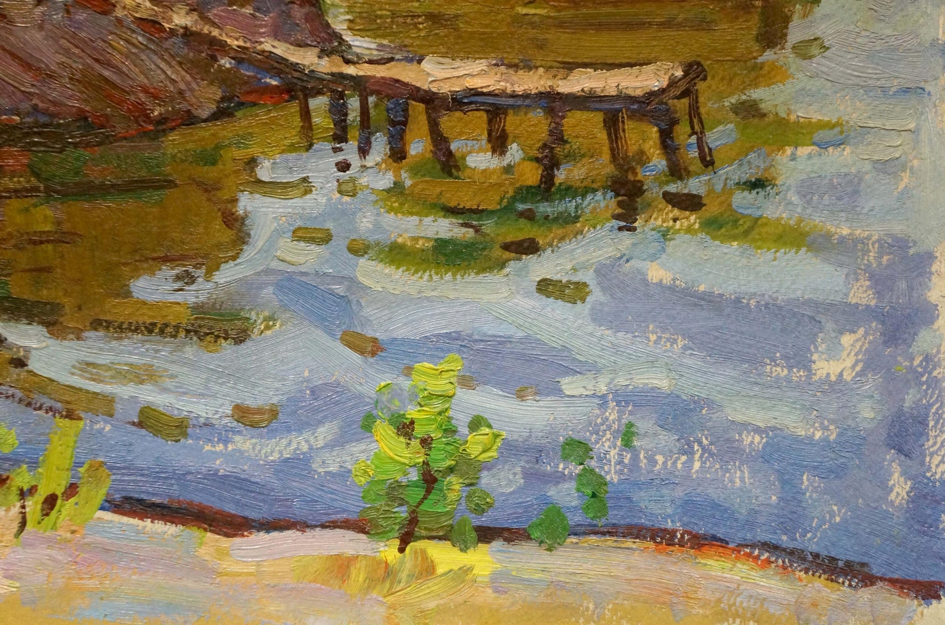 Oil painting of flooded forest river by Grigory Ruban on rustic pier