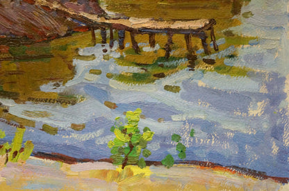 Oil painting of flooded forest river by Grigory Ruban on rustic pier