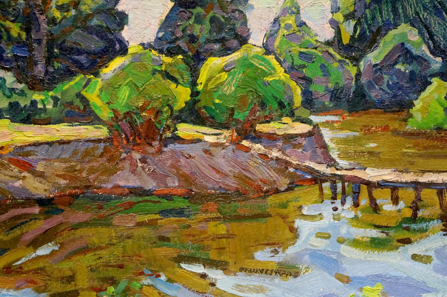 Vibrant impasto oil painting of flooded forest riverbank with bridge by Grigory Ruban