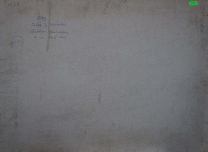 Faded handwritten paper on back of Grigory Ruban oil painting The river flooded the forest