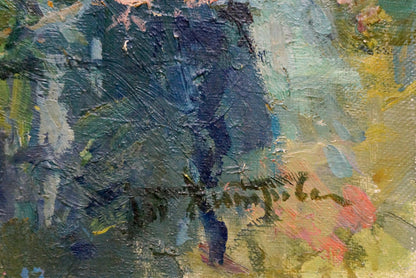 Oil painting Still life by Hitrova Tamara Aleksandrovna, textured dark blue figure on vibrant yellow pink background