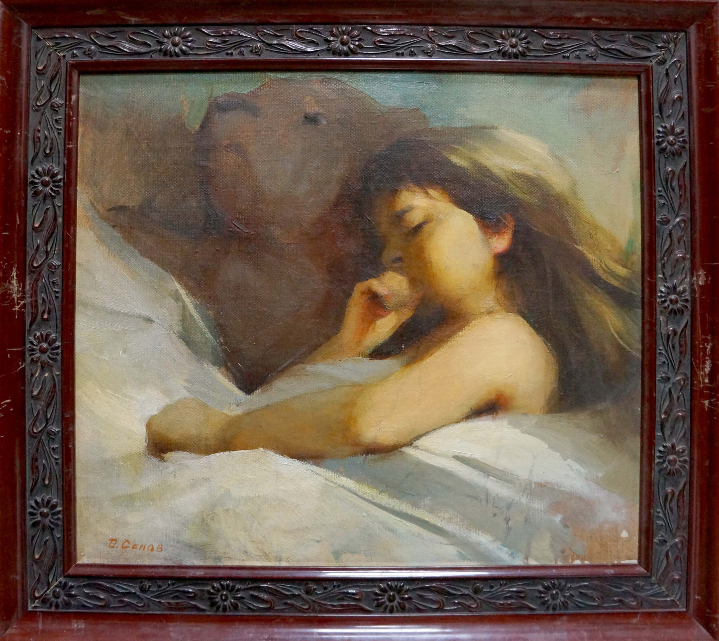 Oil painting Daughter sleeps by Dmitry Georgievich Salov in ornate frame