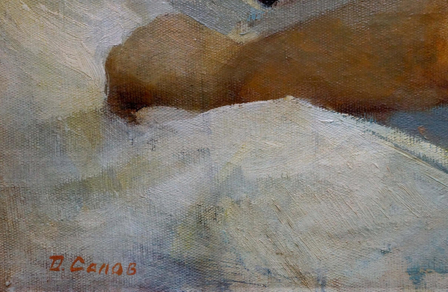 Oil painting of sleeping daughter by Dmitry Georgievich Salov, textured earth tones