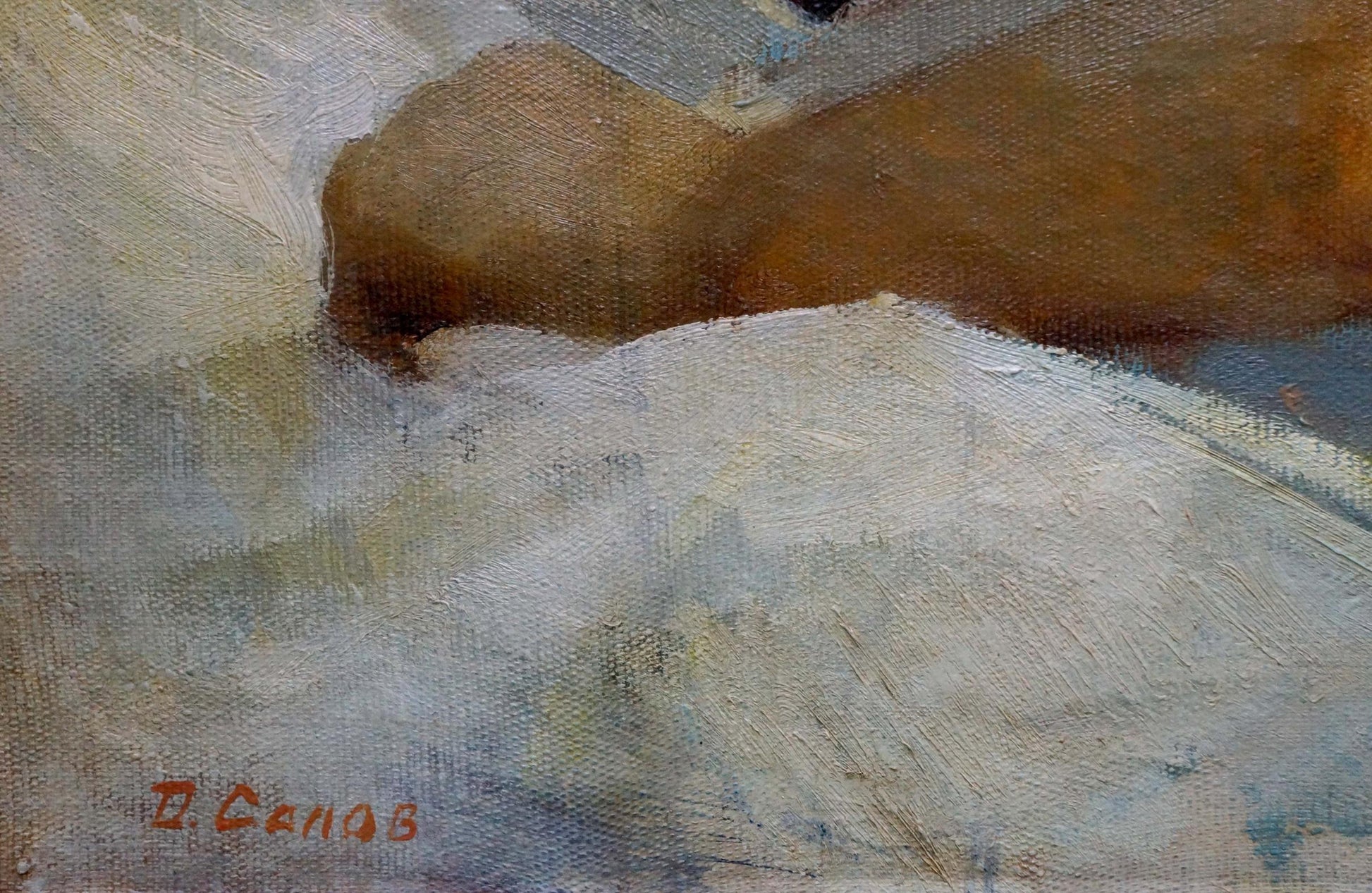 Oil painting of sleeping daughter by Dmitry Georgievich Salov, textured earth tones