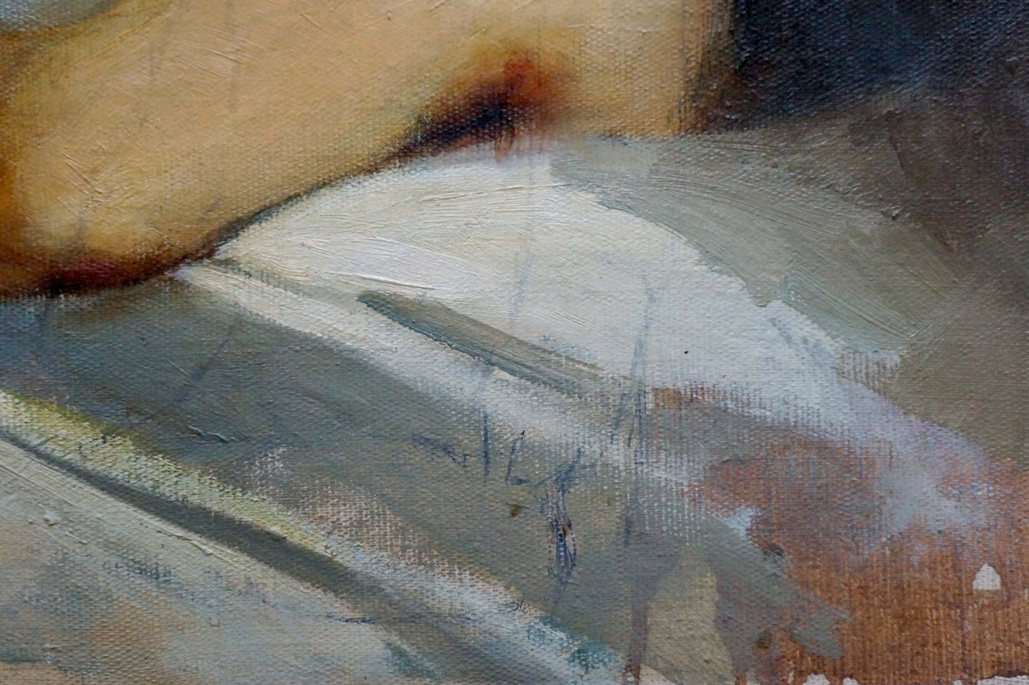 Oil painting of sleeping daughter by Dmitry Georgievich Salov, textured skin tones