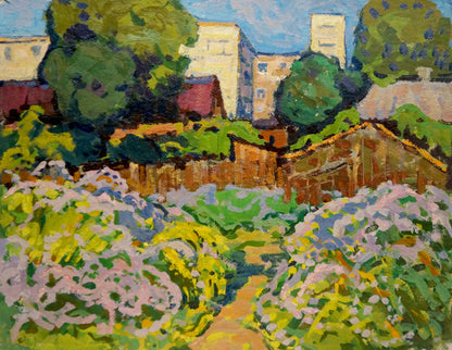 Vibrant impressionist oil painting by Ruban Grigory Savelievich of sunlit lilac garden