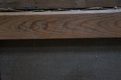 Back of oil painting by Dmitry Georgievich Salov: light brown wooden beam with handwritten measurements