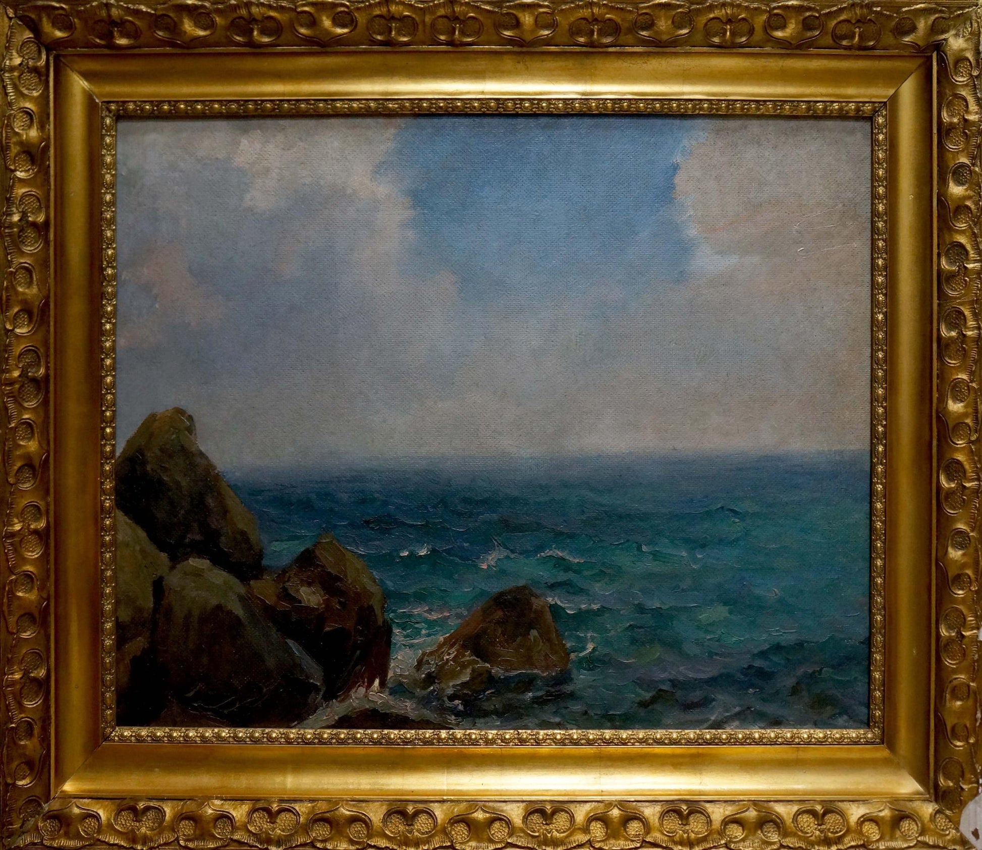 Ornate gold-framed oil painting of Pacific sea by Yakov Aleksandrovich Basov